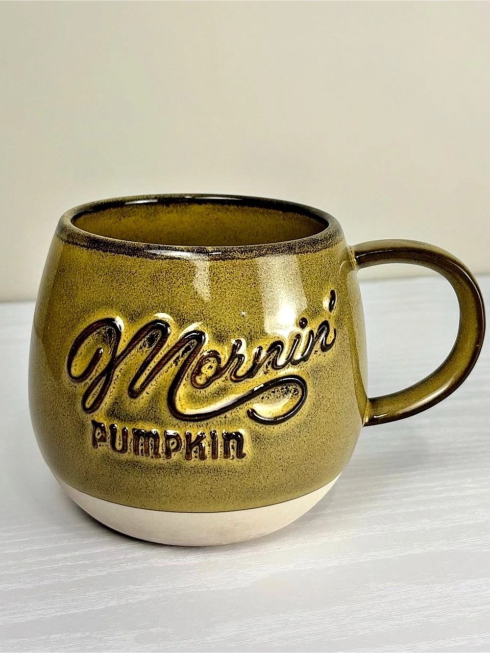 Hallmark Mornin’ Pumpkin Ceramic Mug Olive Green Fall Coffee Cup